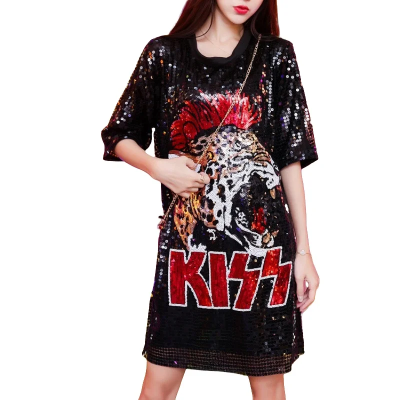 Bling Tiger KISS Print Sequin T shirt Dress