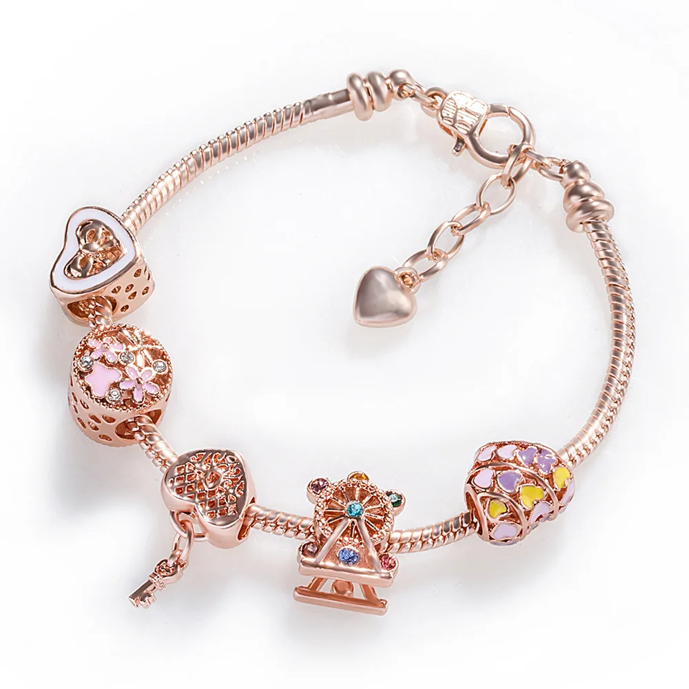 

European Rose Gold Plated Enamel Drop Oil Heart Charm Bracelet Large Hole Bead Crystal Rhinestone Heart Charm Bracelet