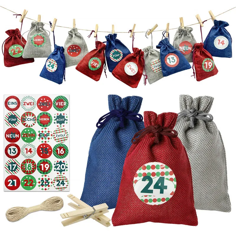 

Ready to ship christmas drawstring linen eco-friendly candy gift bags set with stickers, Multiple color