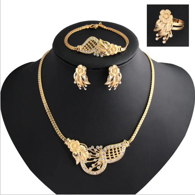 

fashion flower cheap necklace earrings rings braceletretro clavicle chaind suit dubai bridal jewellery 18k gold jewelry set, Ca254-a