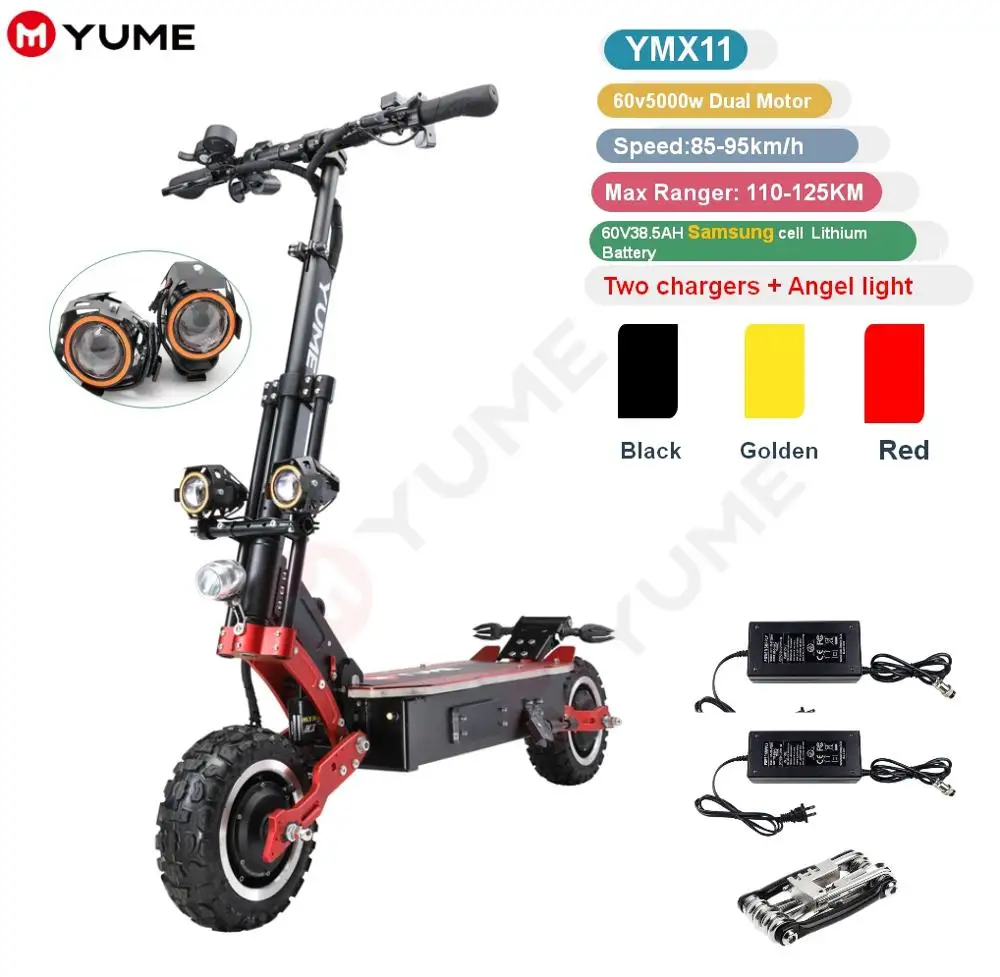 

Made in China 11inch 60v 5000w dual motor folding off road adult electric scooter, Red , yellow , blue,black