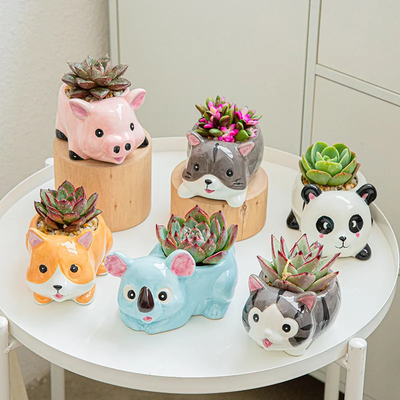 

custom cute bulldog dog pig koala bear panda mini shape garden ceramic flower succulent pot planter for plant home decor, As picture