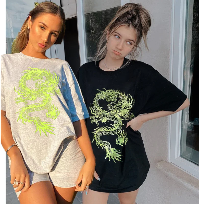 

hot sell 2021 100%cotton Oversized T Shirt Ladies Dragon Printed Short Sleeve Tee Shirt Women Black T-shirts Streetwear