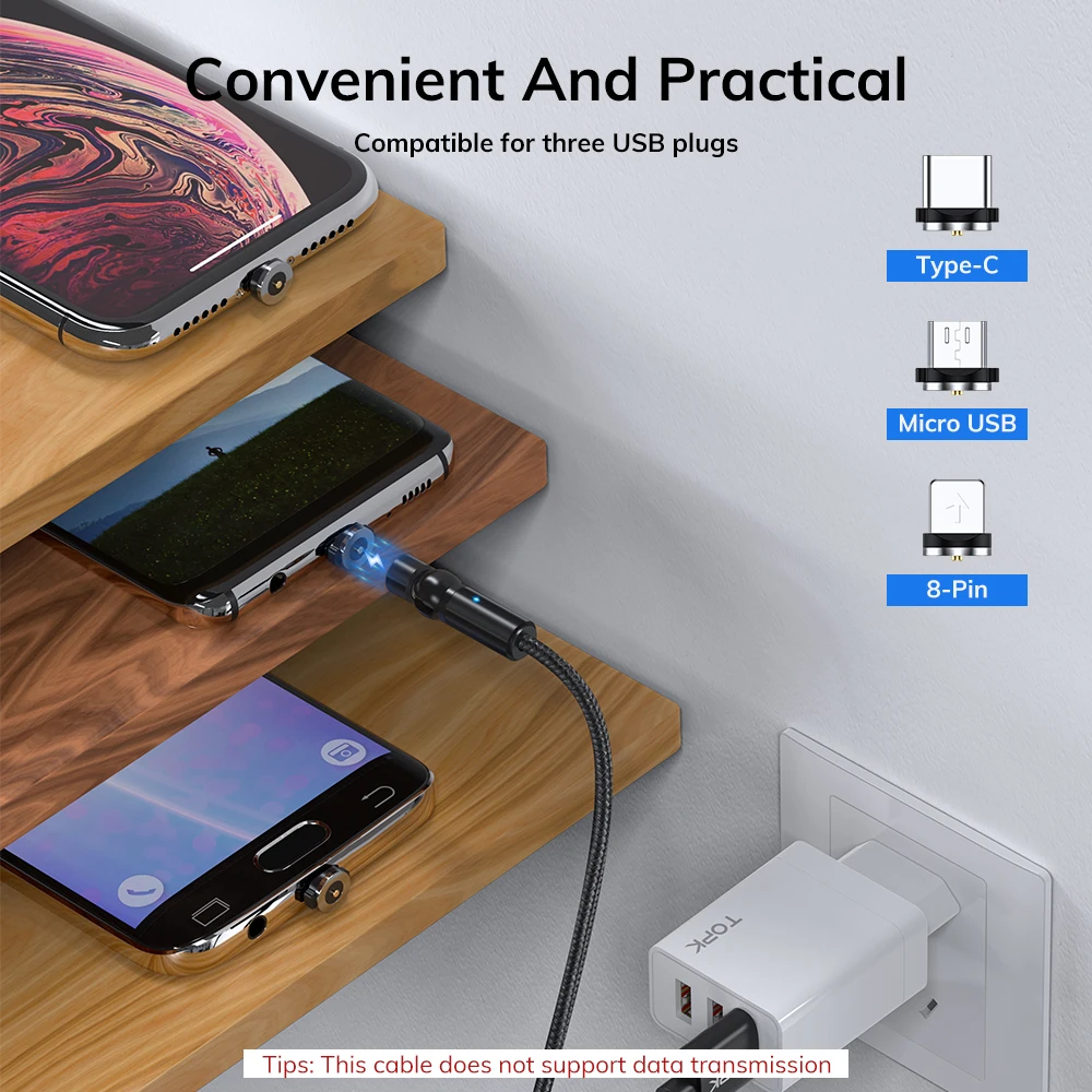 
Free Shipping TOPK AM68 1M Ball Shape 540 Rotation Multi Function 8 Pin USB Type C Magnetic Cable 