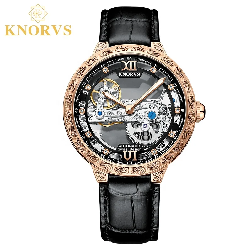 

KNORVS Switzerland brand stainless steel high quality alloy Italian Genuine Leather Tourbillon movement mechanical watches