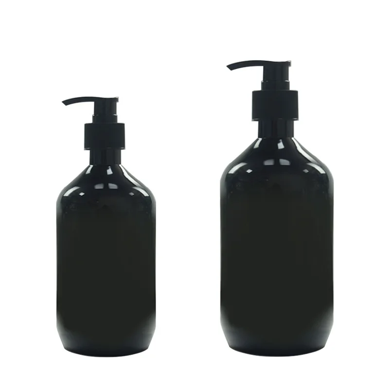 

Stock available PET skincare 10 oz cosmetic empty round black plastic bottle 300 ml with press pump