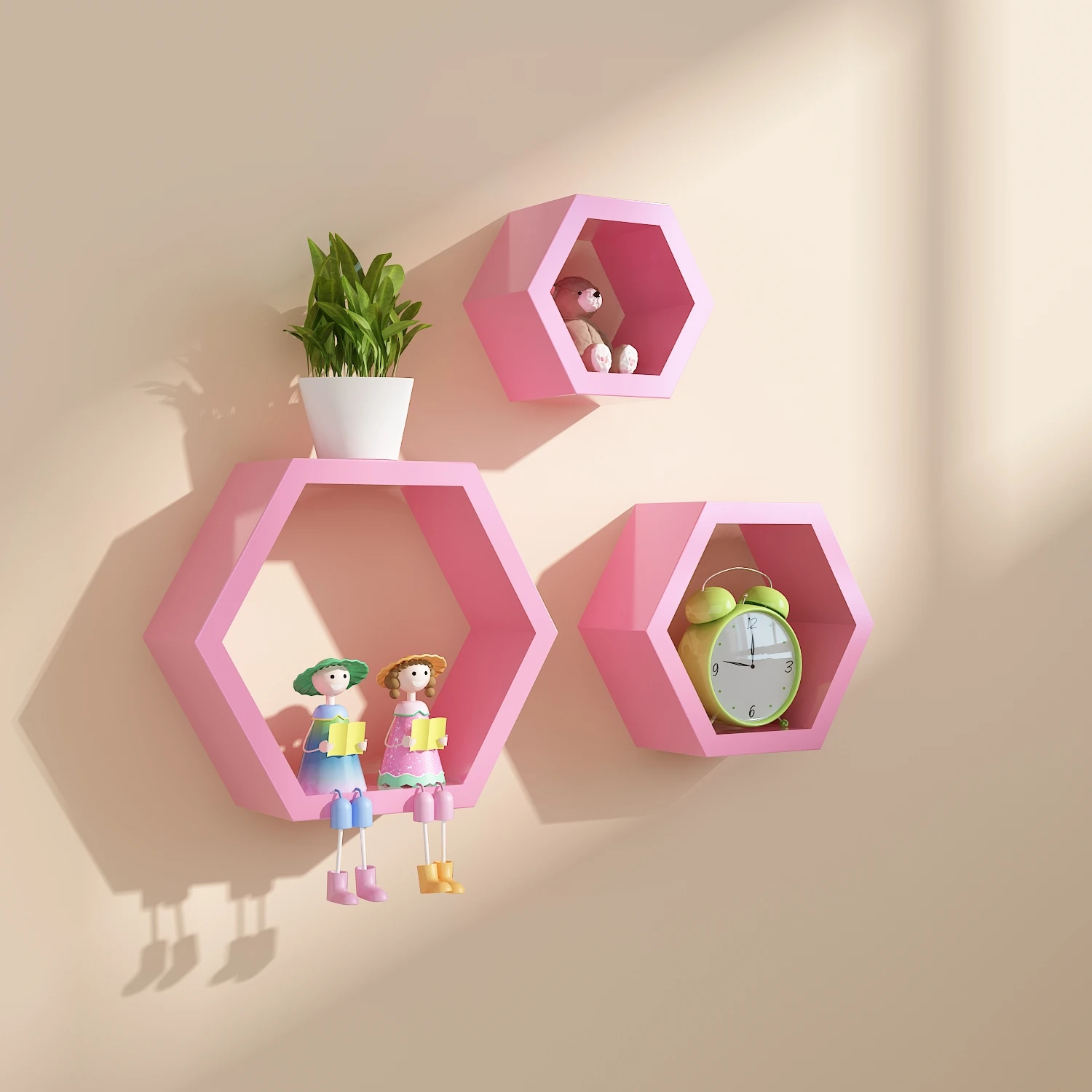 

Factory OEM hexagonal wooden wall partition shelf decorative frame, Pink/black/blue/red