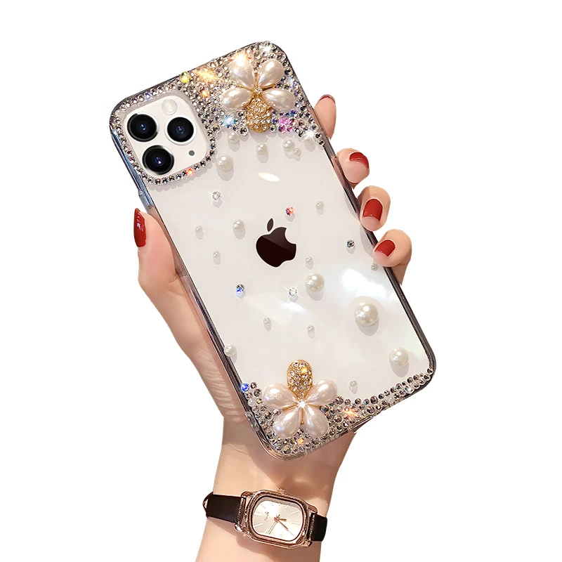 

Crystal flower bling phone case rhinestone Luxury mobile phone case for girls for iphone 12 wholesale 2 in 1 PC TPU high quality