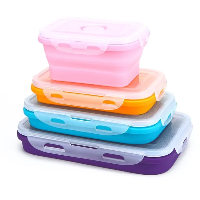

Amazon Hot Sale Colorful Food Grade Silicone Household Foldable Lunch Box Set 4PCs Collapsible Silicone Bento Lighter Style, Any color is available