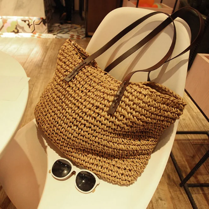 

Straw Bag Woven Bag New Beach Bag Travel Wild Holiday Handbag, Red, green, camel