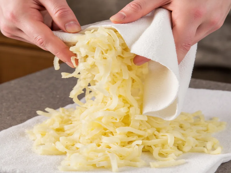Shredded potatoes being squeezed in kitchen towel to remove moisture