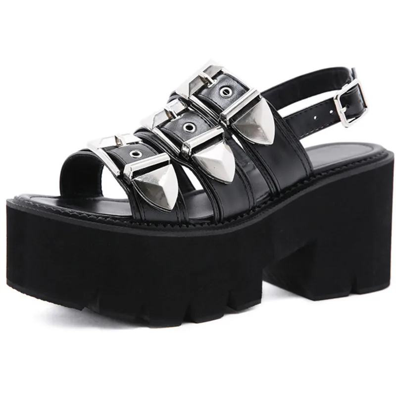 

Dropshipping Custom Logo High Quality Summer Buckle Gothic Platform Women Sandals Block Rubber Sole Open Toe Gladiator