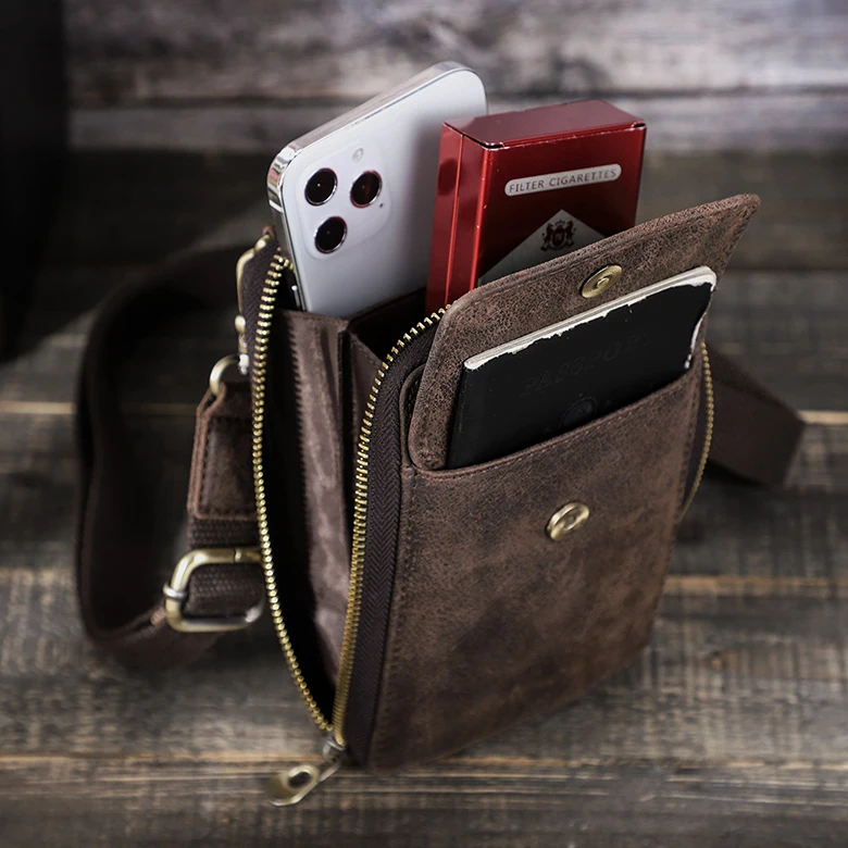 

Custom Men purse phone bag Brand Logo Coffee Crossbody Leather Phone Bag for iphone Cigarette Lighters