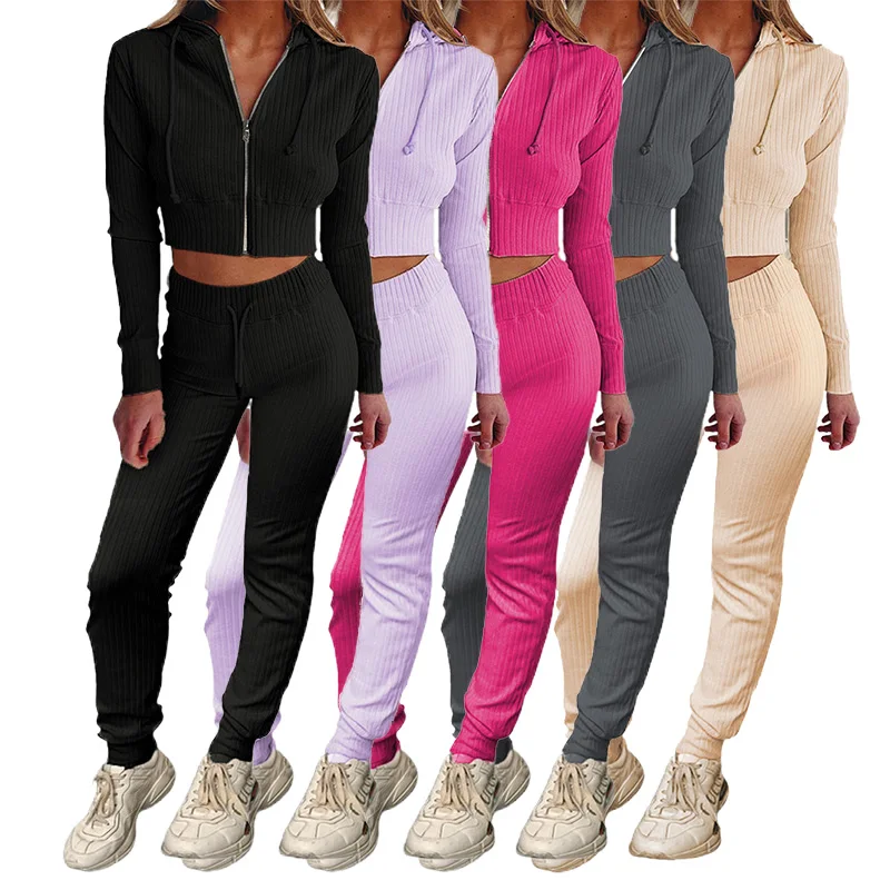 

2021 Trendy Outfits For Women 2 Piece Cropped Hoodie Jogger Sets Ladies Two Piece Pants Set
