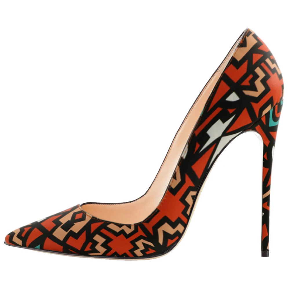 

China cheap price red geometric printed korea high heel pointed toe shoes pumps for women and ladies, Customized color