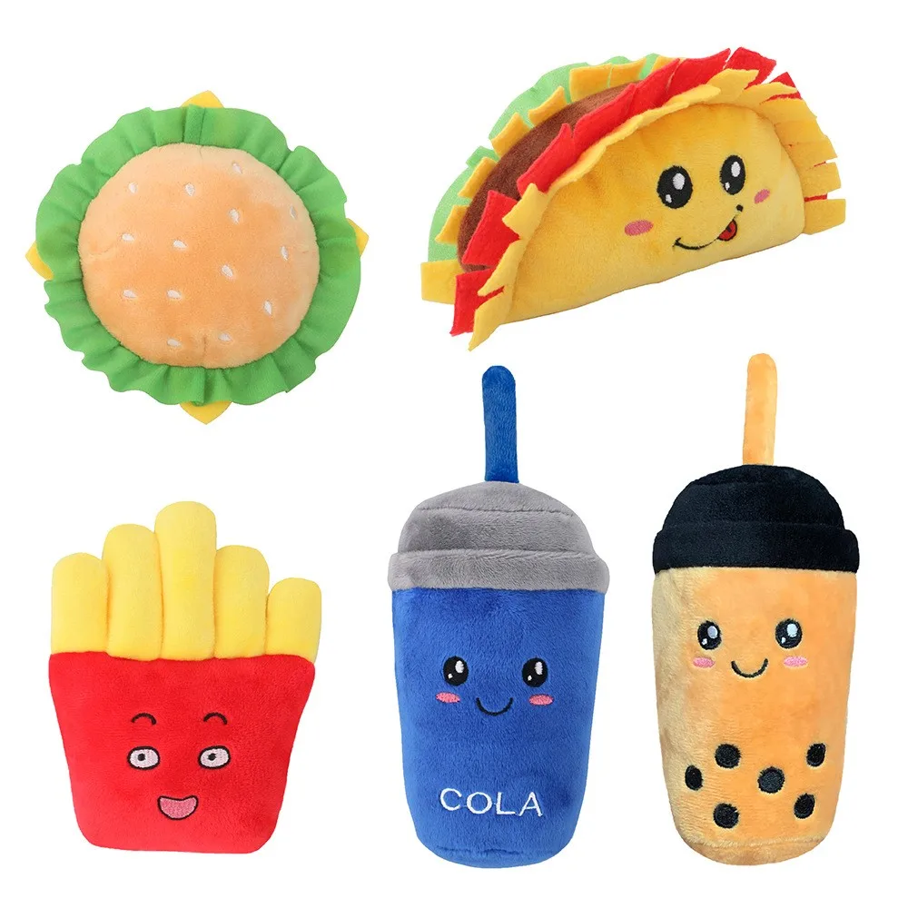 

Cute Boba Pet Toys 2022 Interactive Bubble Tea Dog Chew Toy Squeaky Hamburger Chips Milk Cup Food Shape Dog Christmas Toys