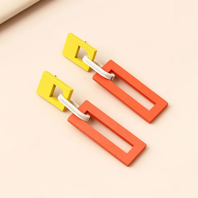

Hot sale cute simple fashion long geometric hit color wooden earrings square candy color earrings, As picture show
