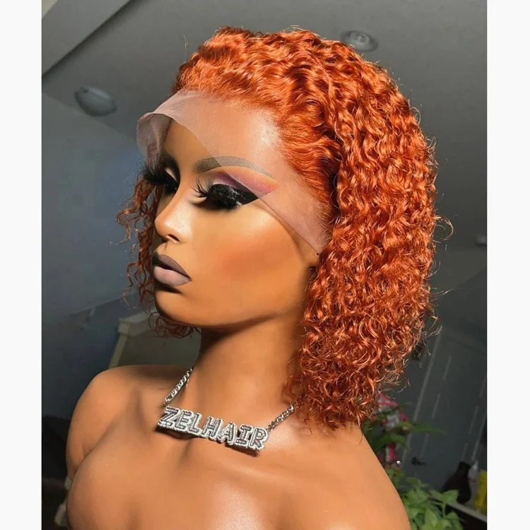 

No Tangle Invisible Knots Ginger Orange Curly Pixie Cut Bob Virgin Full Cuticle Aligned Human Hair Lace Front Wigs