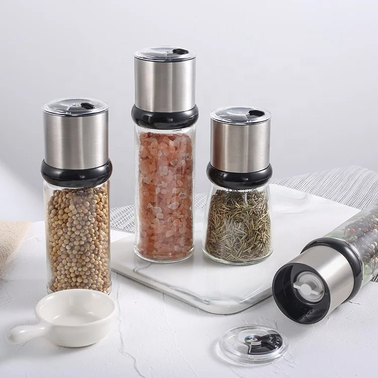 

Wholesale Amazon Manual Salt and Pepper Shakers Grinders Seasoning Empty Spice Glass Bottle Jars with Grinder top, S/s color