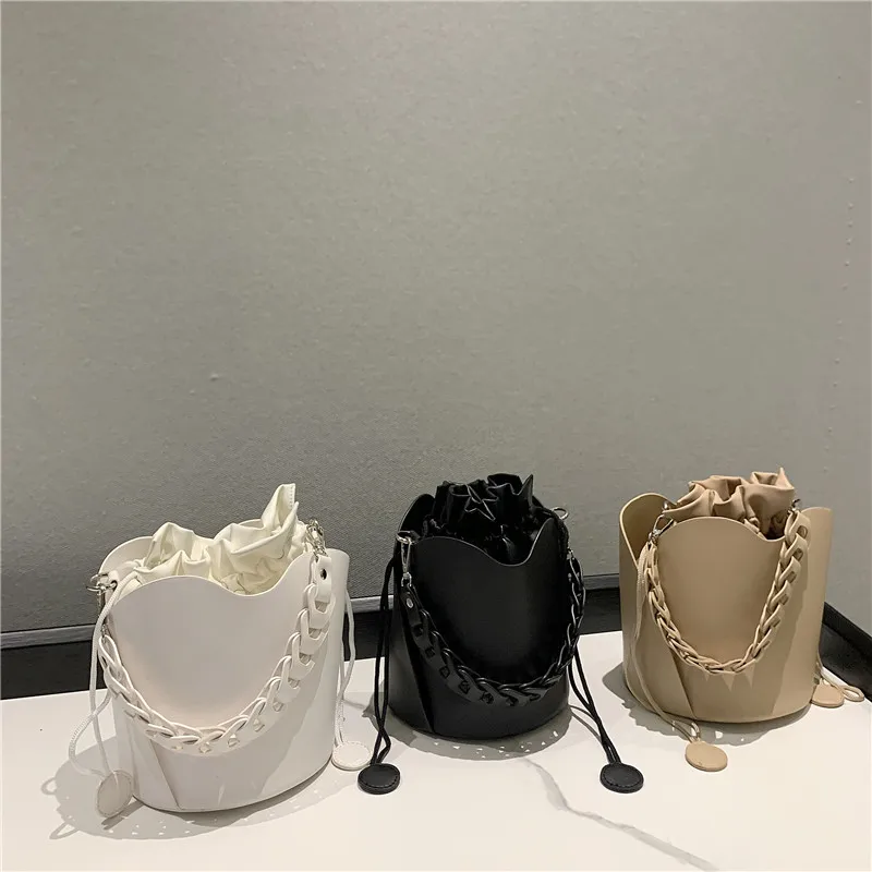

luxury unique drawstring bucket shape woman leather shoulder bags 2021 designers korean fashion ladies tote handbags