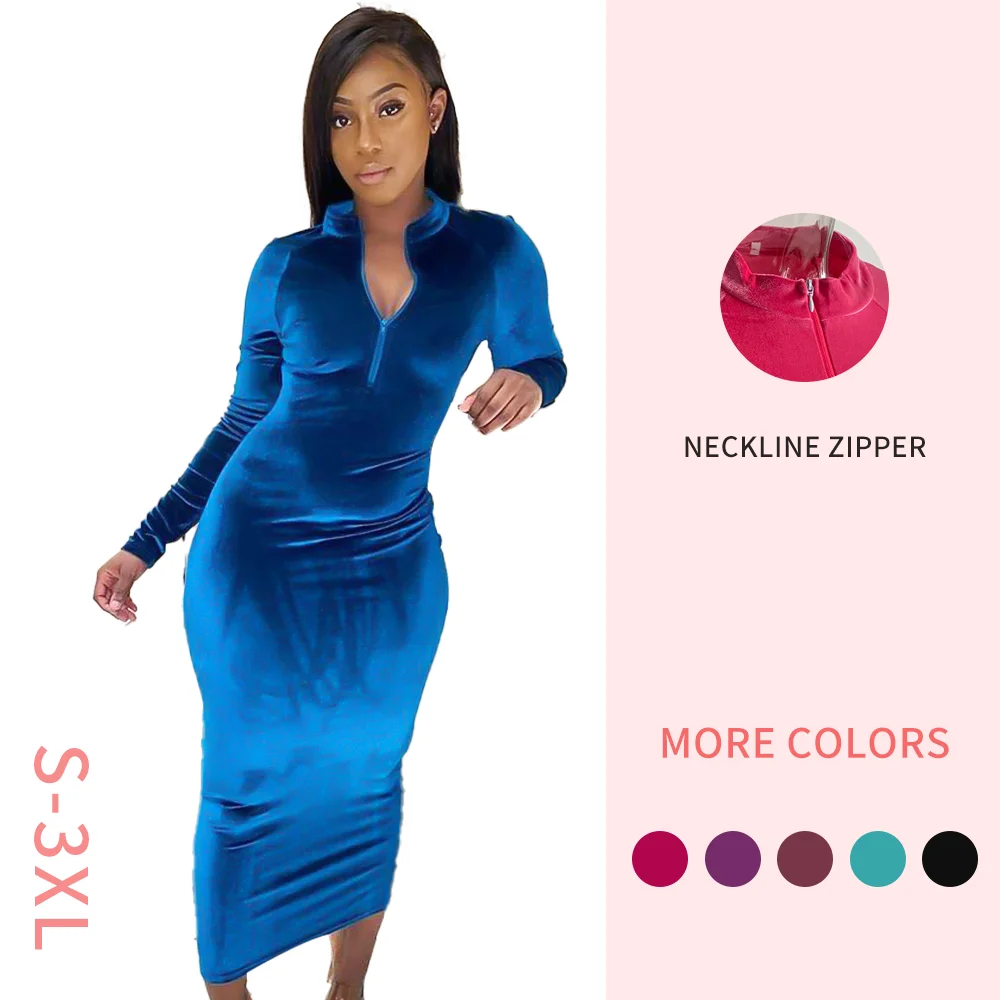 

M692 High quality 2021 fall winter womens fashion casual zipper long velvet dress