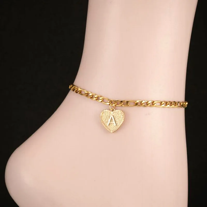 

2021 Newest Stainless Steel Heart Charms Ankle Bracelet 18k Gold 26 Letters Initial Anklet Jewelry, Gold silver