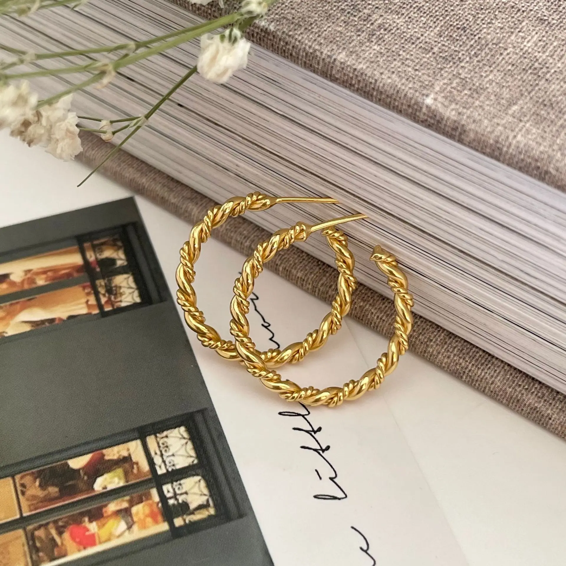 Vintage 925 Sterling Silver Big Twisted  Hoop Earrings 18K Gold Classic Thick Hoop Earrings for Women