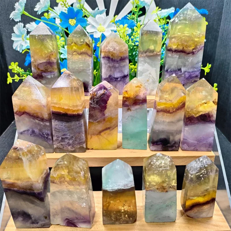 

Hot sale healing natural fengshui crystal handmade rainbow fluorite point tower for gifts