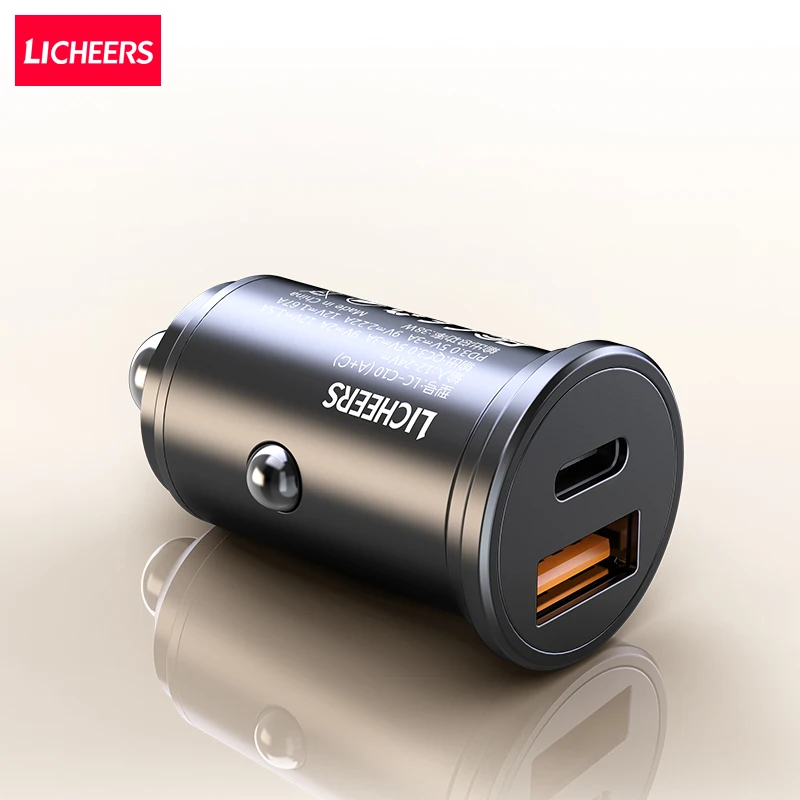 

Licheers New C10 Dual Ports Car Charger USB Type-C PD QC 38W 12V Fast Charging Smart Super Mini Portable Quick Fast Car Charger, Gray