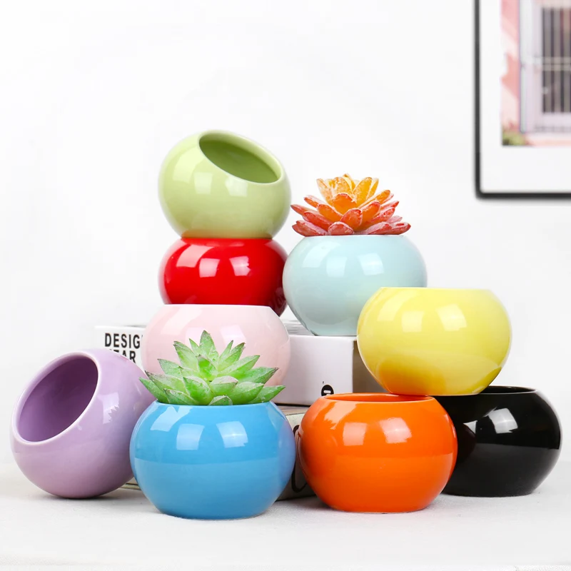 

Modern simple round flower green plant pot ceramic circle colorful flower pots planters pottery for living room, Red,black,white,blue,green,pink