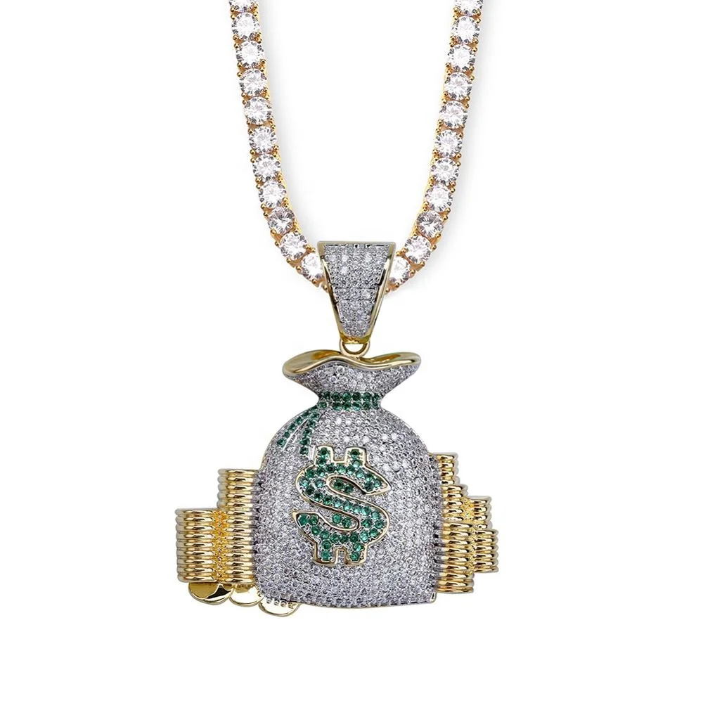 

Money Bags US Dollars Charms Pendants Necklaces For Men Women Hip Hop Fashion Jewelry Zircons Full Paved Shiny Jewels Bling New, Gold