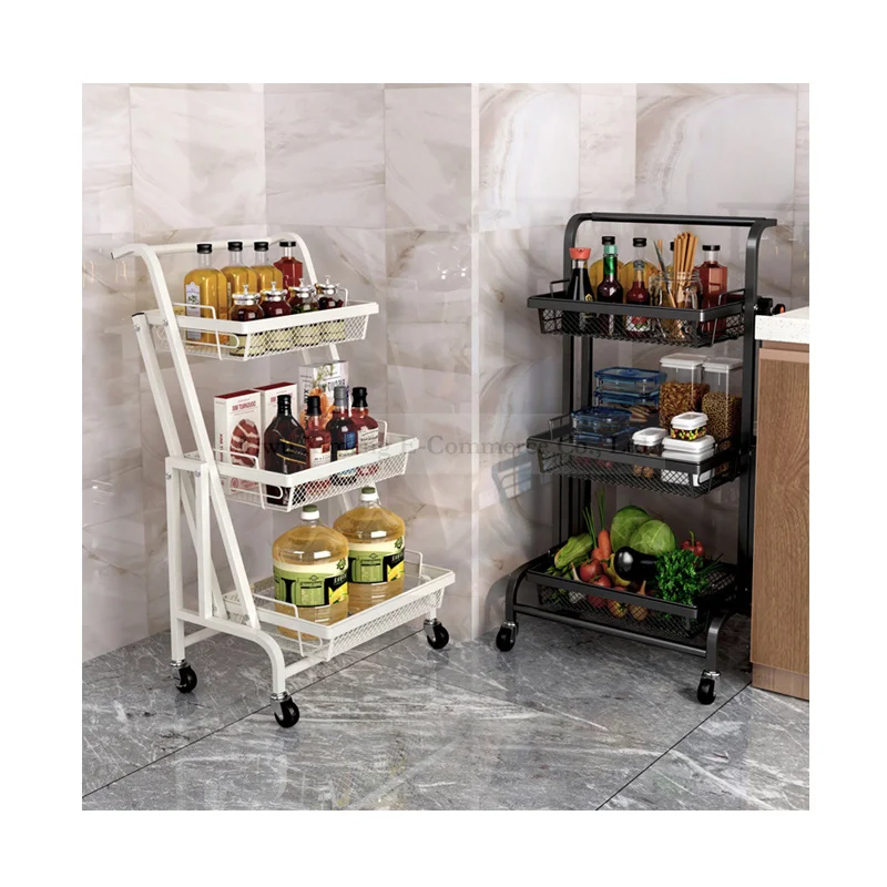 

Kitchen Mobile Carts Seasoning Vegetables Fruits Storage Baskets 3 Layers Foldable Carbon Steel Shelf