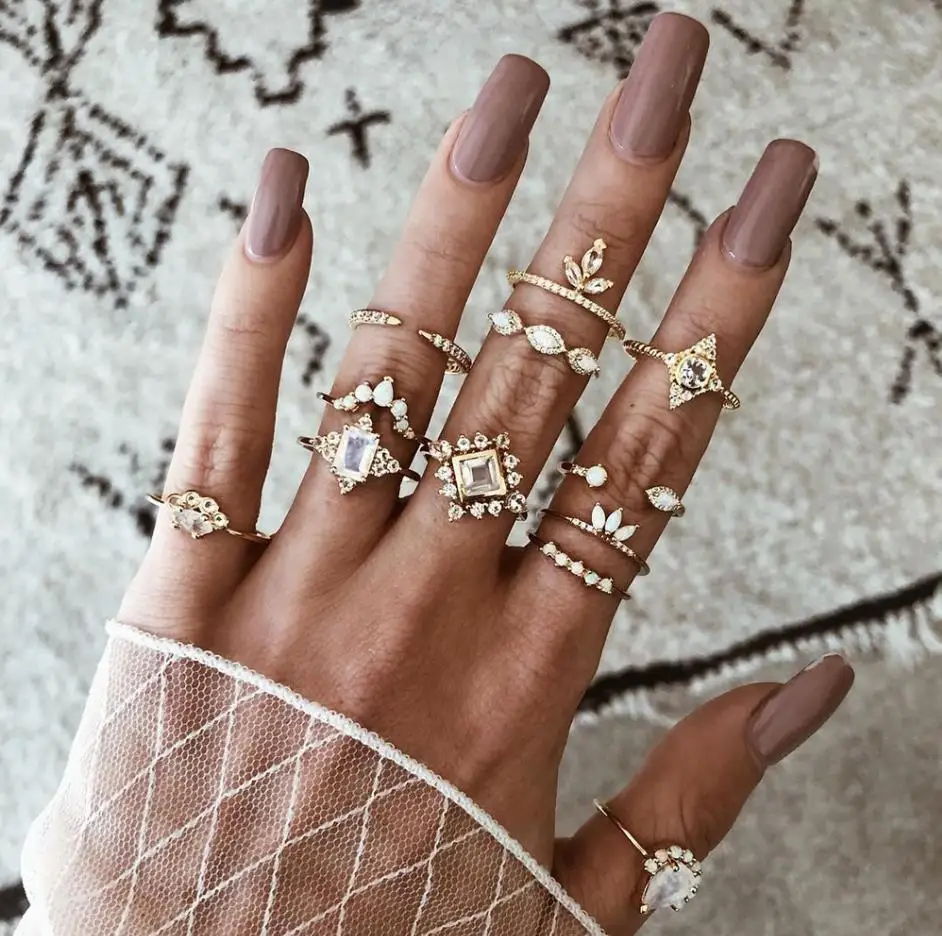 

Small Order 12Pcs/Set Western Hot Statement Rings Set Vintage Big Diamond Knuckle Rings Set For Women Jewelry 2021 Wholesale, Gold