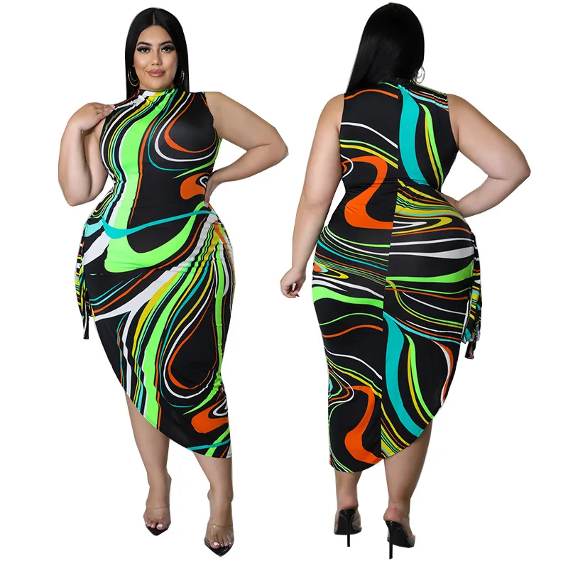 

C0401ME15 Summer Latest Plus Size Trend Print Hollow Out Irregular Dress Women Sehe Fashion