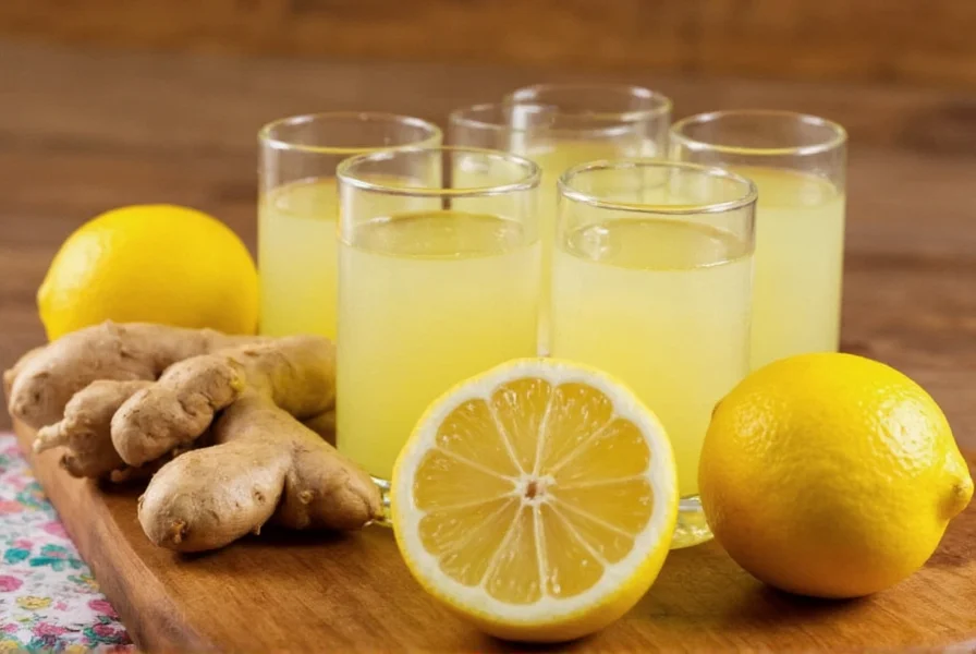 Ginger lemon shots in small glasses with fresh ingredients surrounding them