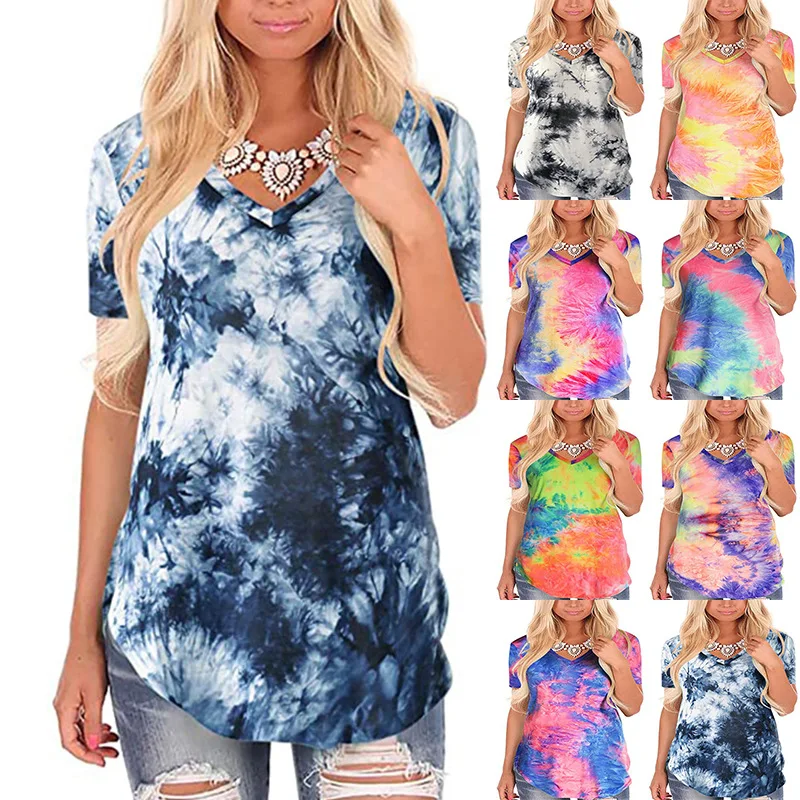 

2020 Amazon hot sale European and American women's V-neck short-sleeved loose tie-dye T-shirt hedging large size female top