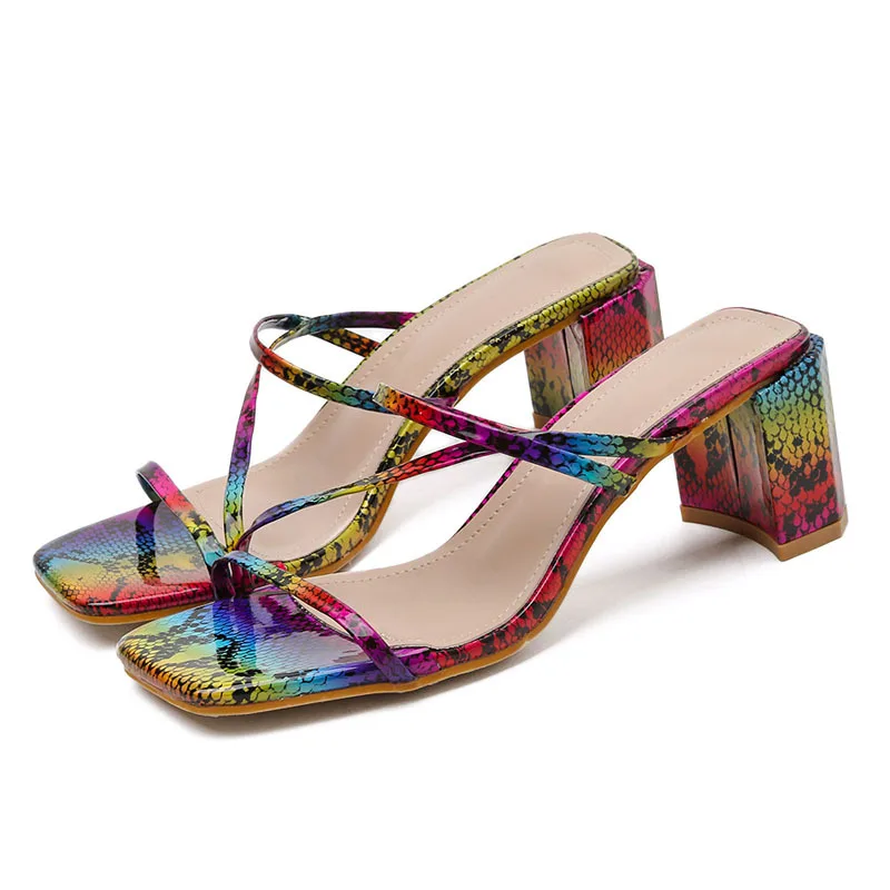 

Women Shoe, European or American style, snake-print, tulle, thick, high-heeled, slippers or sandals, As shown in figure