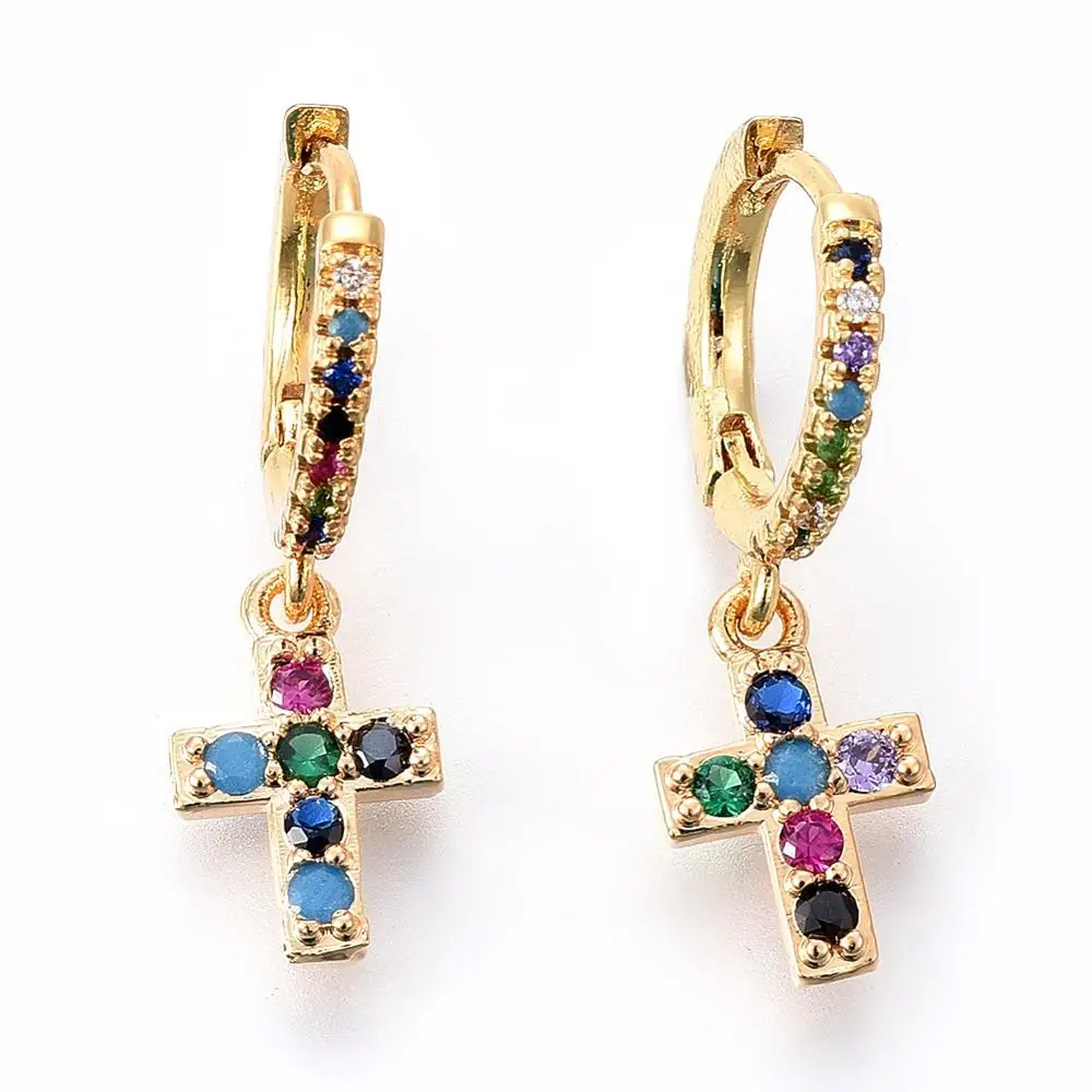 

Pandahall Brass Cubic Zircon Bulk Golden Cross Dangle Hoop Earrings