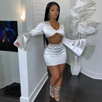 

Sexy Satin Party Women Matching Sets Flare Sleeve Hot Fashion Outfits Solid Slim Crop Top And Skirt Set Y12668