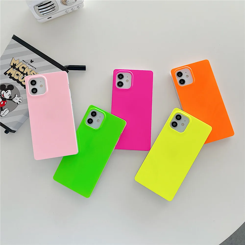 

Square Fluorescent Candy Color Neon Pink Phone Case for iPhone 13 Pro Max 13 12 11 Pro Max Shockproof Bumper, 5 colors optional