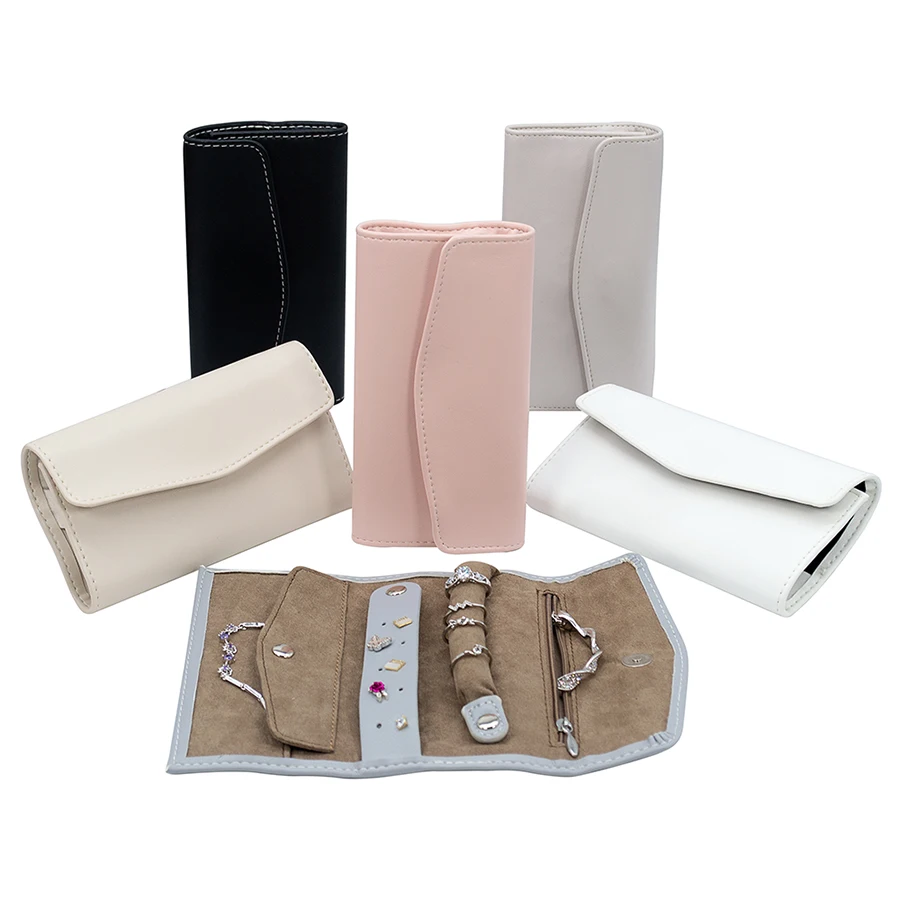 

Custom Professional Leather Ring Display Case Packaging Bag Pouch With Logo Wholesale Mini Travel Velvet Jewelry Roll, Black/white/pink/blue/beige