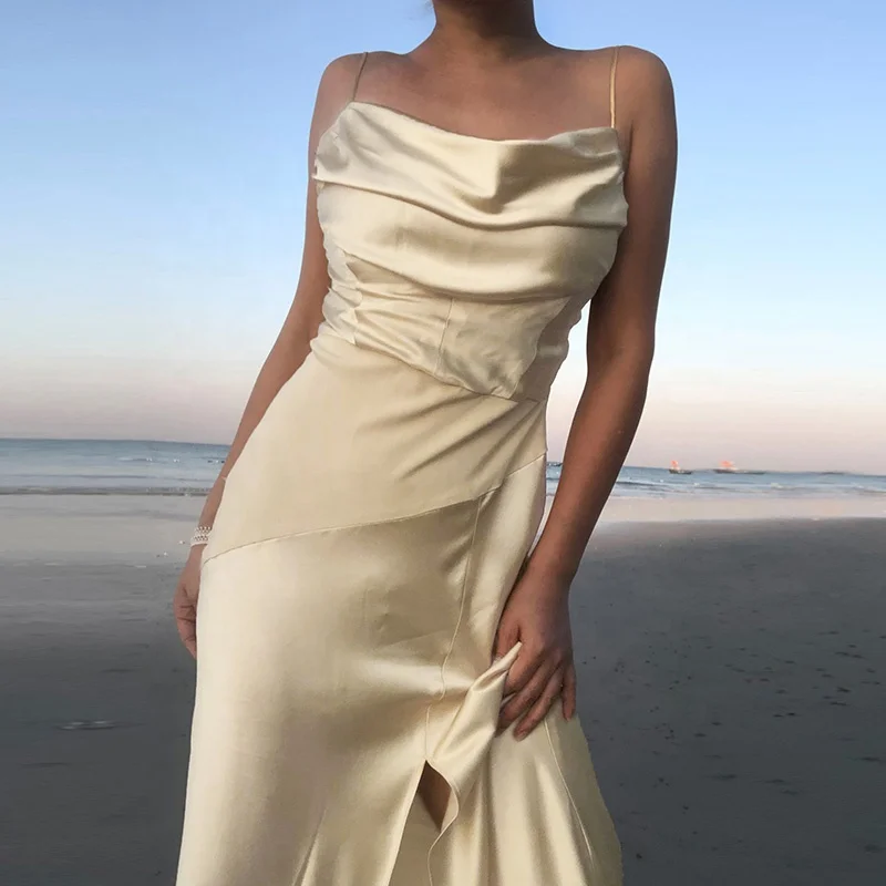 

Wholesale Summer 2021 New Fashion Vestidos Mujer Long Satin Dress Women Sexy Night Club Beach Party Elegant High Slit Maxi Dress, Light yellow, light green