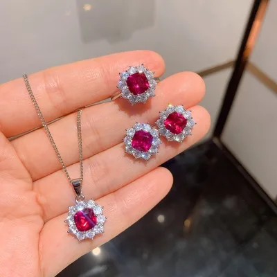 

High Quality Three Pieces Diamond Necklace Earrings Rings Jewelry Korean Ins Style Real Gold Plated Zircon Ruby Jewelry Set