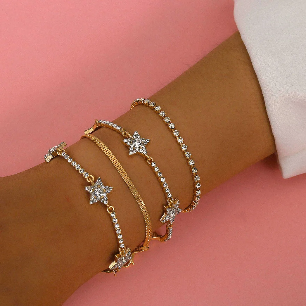 

European and American latest metal alloy simple design geometric zircon star 4-piece Chain Bracelet