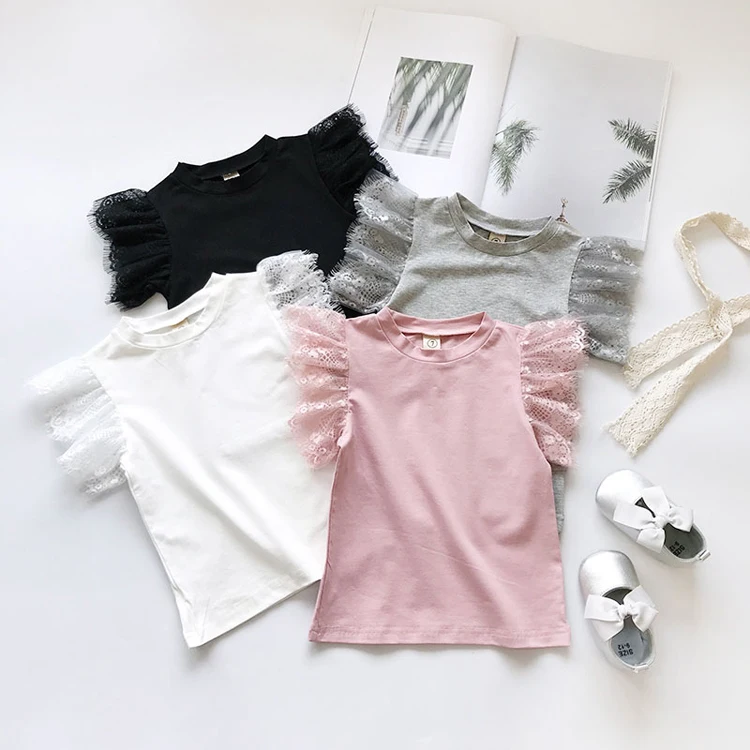 Best Selling Factory Wholesale RTS Cheap Fashion Plain Kids T-shirts Summer Baby Girl T-shirt with Lace