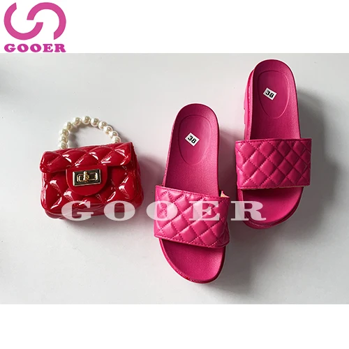

GOOER 2021Designer girls mini leather handbag and platform sandals set sandals and purse sets mommy and me purse sets for women, Picture