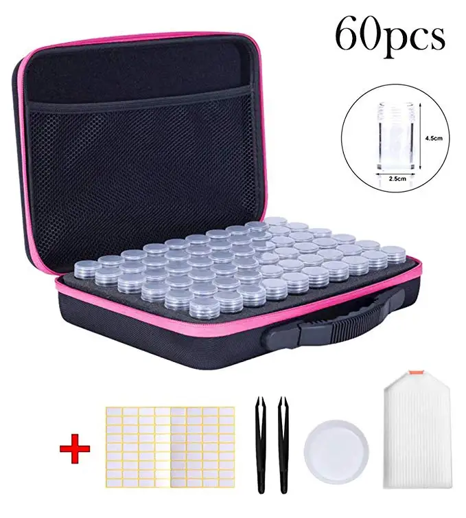 Diamond Painting Accessories with Shockproof Zipper Carry Bag SanerDirect 60 Grids Diamond Painting Drills Storage Case Pink Bead Storage Containers 