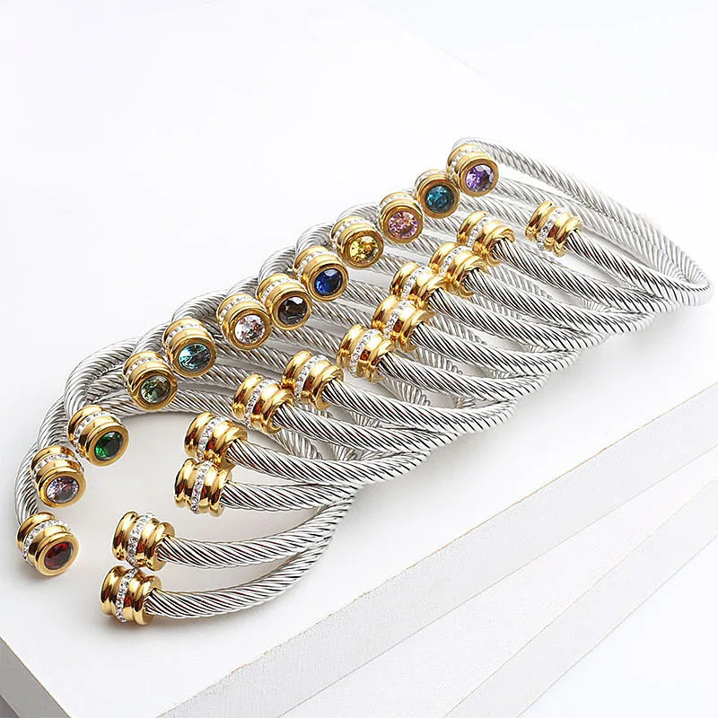 

Personalized Designer 18K Gold Plated Stainless Steel Jewelry Birthstone CZ Adjustable Charm Cuff Bracelet Women QCSZ2303-021