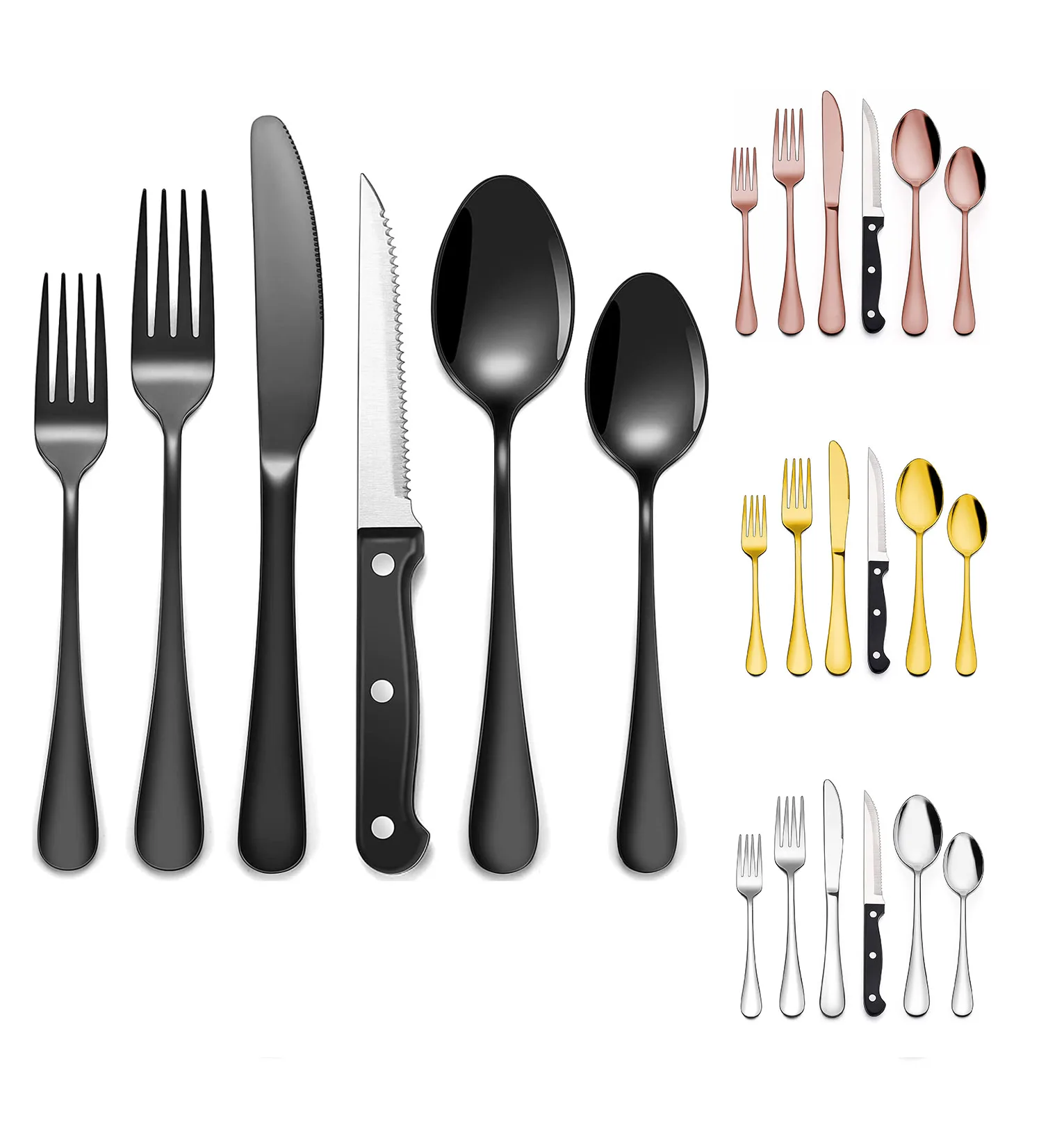 

Amazon Hot sale 5pcs silverware set steak knife fork spoon gold cutlery dinning set 20pcs stainless steel flatware sets, Black;silver;gold;copper