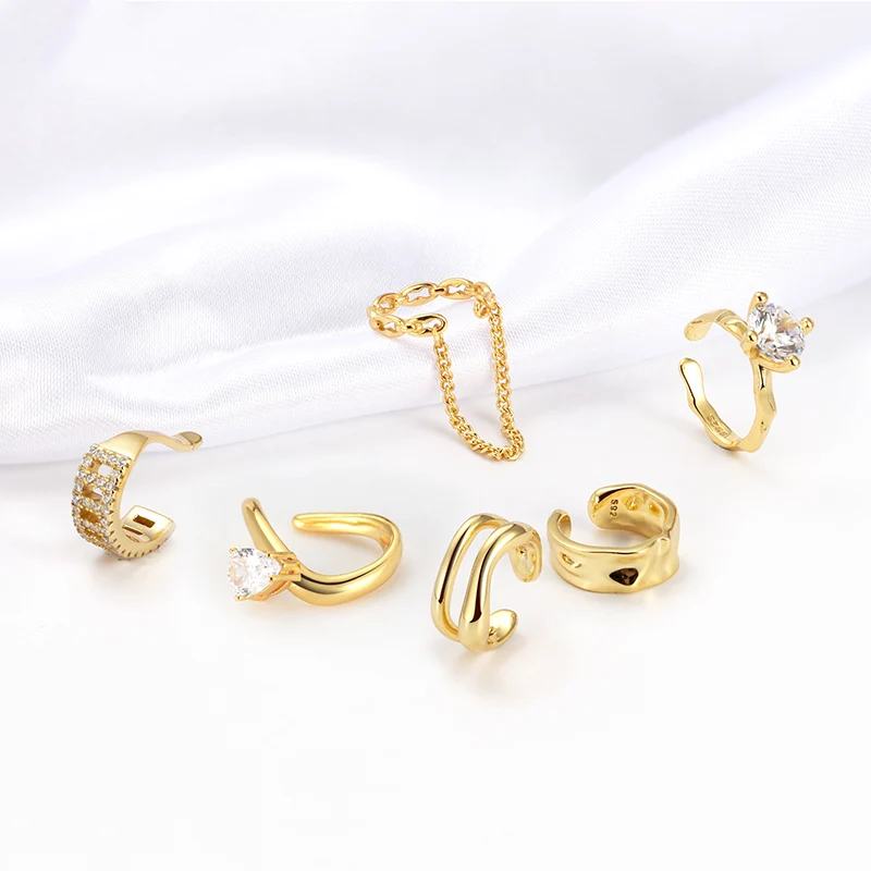 

RINNTIN CL 1PCS Clip On Cartilage Non Pierced Sparkling 925 Sterling Silver Ear Cuff Gold Plated Ear Clip Earrings for Women